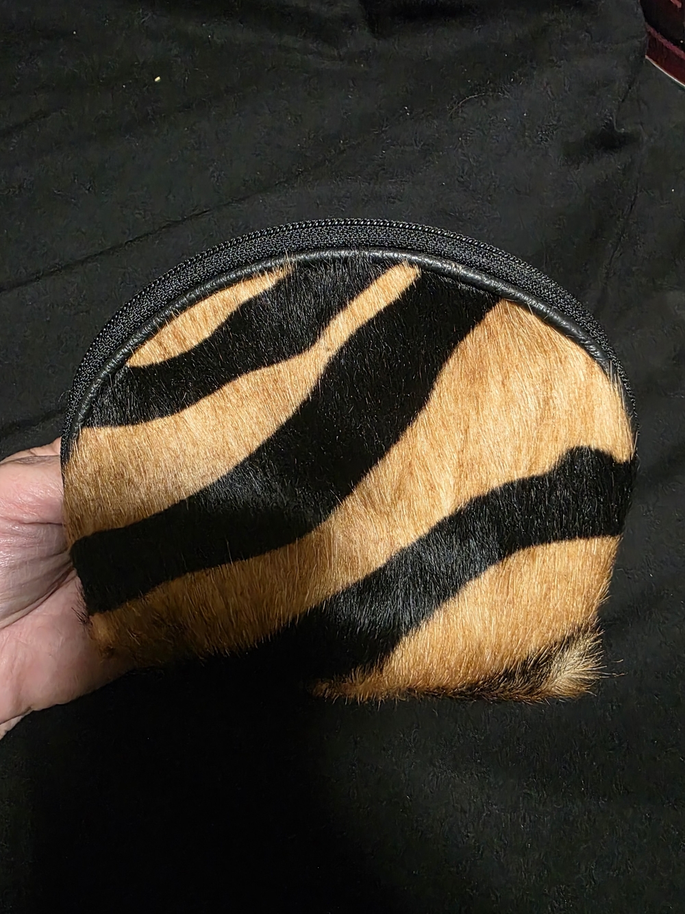 Tiger-Print Travel Pouch - Faux Fur Cosmetic Bag in Brown and Black